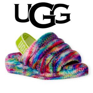 UGG Fluff Yeah Pixelate Rainbow Slip-On Sandals Size 7 Plush Cloud Comfort